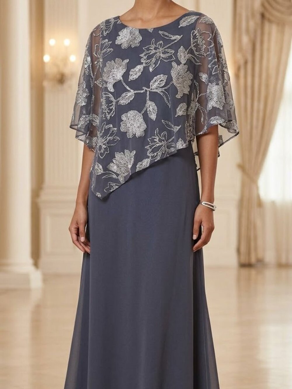 Ignite Evenings Slate Grey Metallic Floral Capelet Formal Gown - Size 16W
